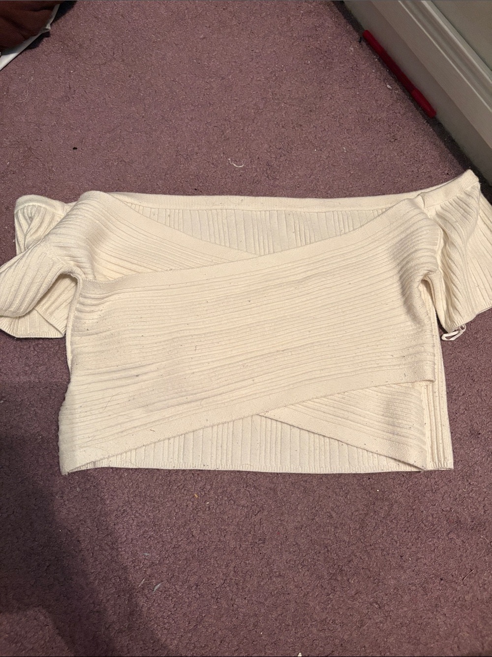 Off-Shoulder Ribbed Knit Crop Top - Cream